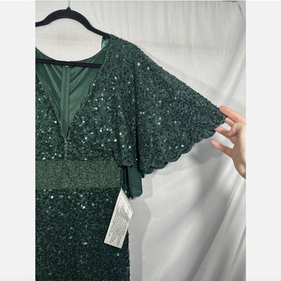 NWT $698 Mac Duggal [ 4 ] Sequined V Neck Cape Sleeve‎ Beaded Gown Green #Q745 - Picture 10 of 16